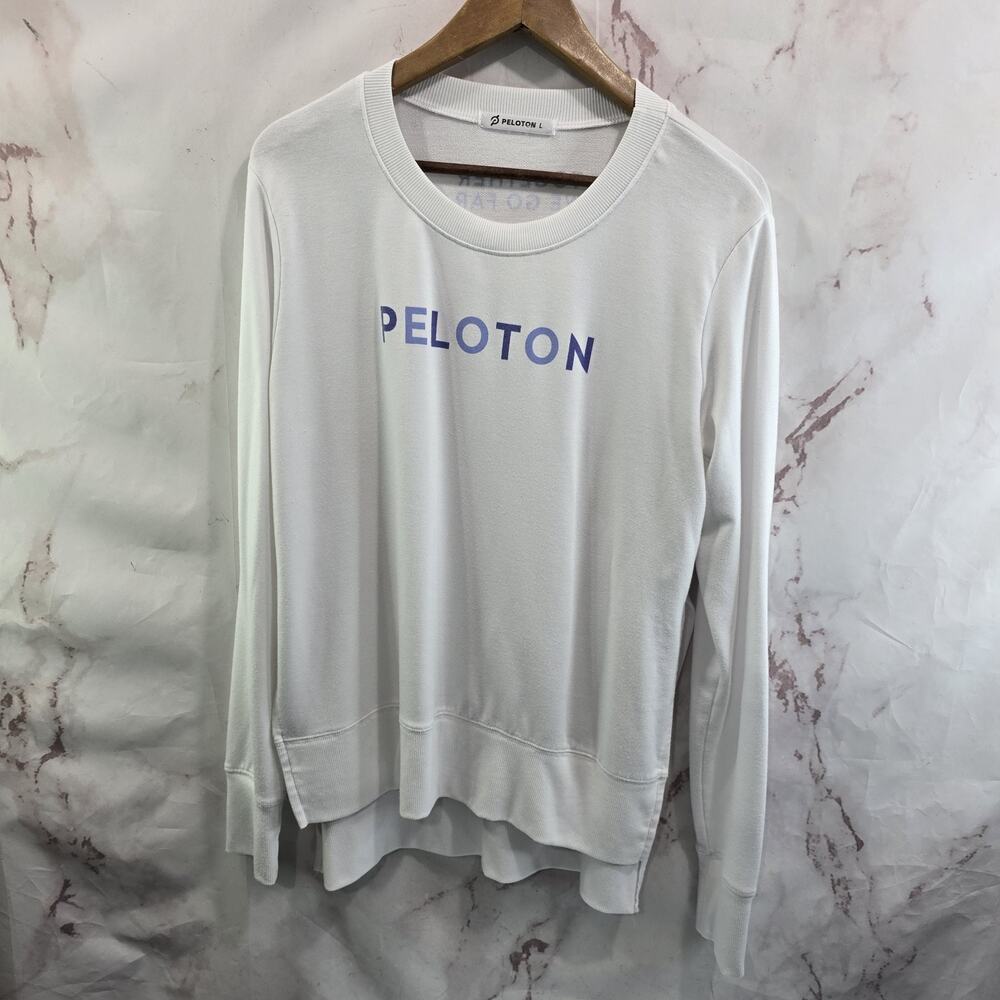 Peloton Sweatshirt Womens Large White Blue Pullover Crew High Low Lightweight